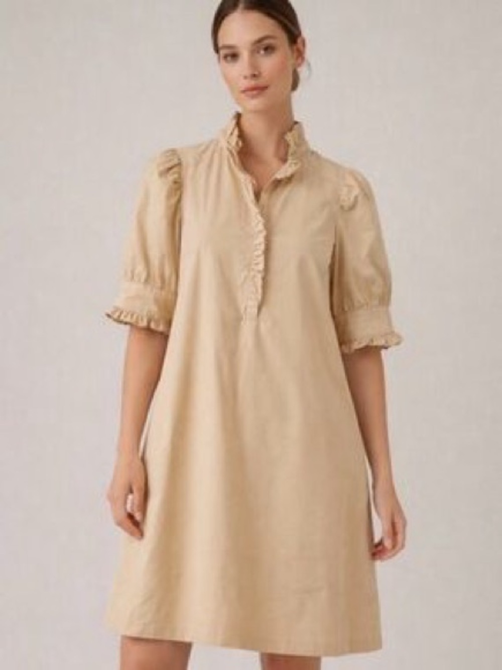 Tuckernuck Pomander Place Beige dress ruffle collar puff sleeves Size Small